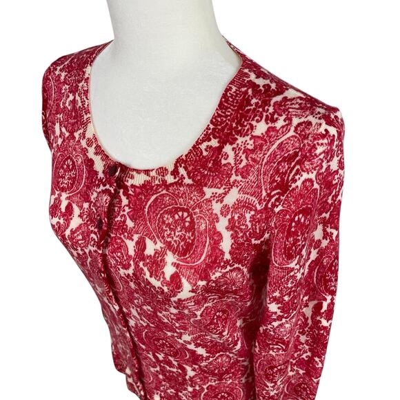 Talbots Merino Wool Button Front Cardigan Sweater Medallion Floral Red Sz MP - Picture 4 of 11